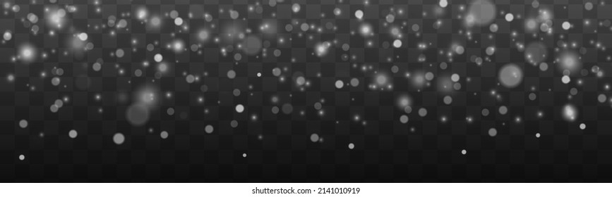 Christmas defocused sparks dust. Abstract light shine blur bokeh effect on white transparent background. Vector lens flare spot light sparkles or shiny glittering glow beams. Random blurry spots.