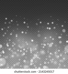 Christmas defocused sparks dust. Abstract light shine blur bokeh effect on white transparent background. Vector lens flare spot light sparkles or shiny glittering glow beams. Random blurry spots.