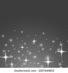 Christmas defocused white sparks dust star. Abstract light shine blur bokeh effect on transparent background. Vector lens flare spot light sparkles or shiny glittering glow beams. Random blurry spots.