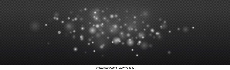 Christmas defocused white sparks dust star. Abstract light shine blur bokeh effect on transparent background. Vector lens flare spot light sparkles or shiny glittering glow beams. Random blurry spots.