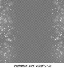 Christmas defocused white sparks dust star. Abstract light shine blur bokeh effect on transparent background. Vector lens flare spot light sparkles or shiny glittering glow beams. Random blurry spots.