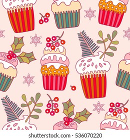 Christmas delicious cupcakes vector pattern