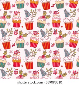 Christmas delicious cupcakes vector pattern