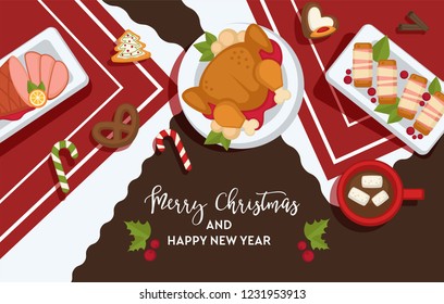 Christmas delicious traditional food on a table. Top view flat vector holidays illustration.