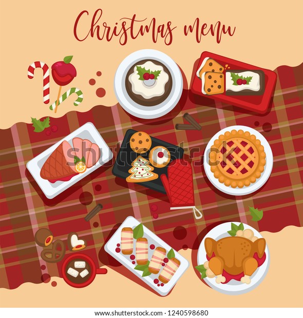 Christmas Delicious Traditional Food On Table Stock Vector (Royalty ...
