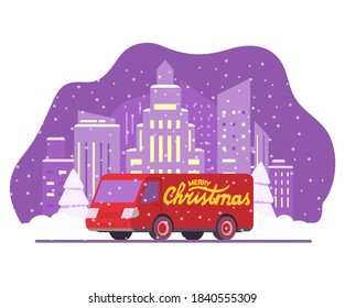 Christmas delivery car. New Year's cargo van. Winter City Skyline Skyscrapers Urban Landscape Falling Snow Winter time.Red truck with lettering Merry Christmas.Vector illustration.Christmas truck.