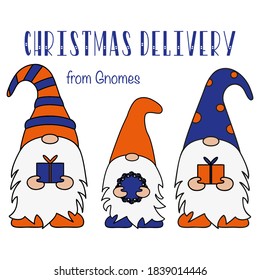 Christmas delivery card from gnomes on white background. Merry Christmas. Character for concept design. Vector illustration design. Cartoon character. Xmas present. Holiday concept. Happy new year.