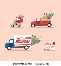 Christmas delivery concept. Santa claus ride a motorbike. Trucks delivery gifts box. Snowman pushing a shopping cart. Vector illustration