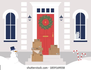 Christmas delivery contactless service, a pile of boxes sitting next to a front door, a holiday gifts shipment