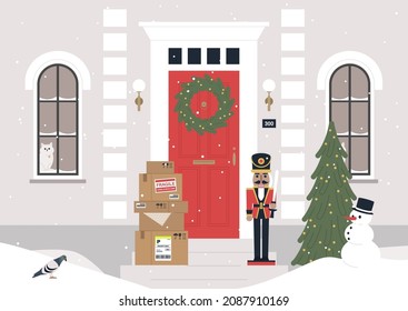 Christmas delivery contactless service, a pile of boxes sitting next to a front door, a holiday gifts shipment