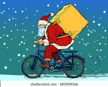 Christmas delivery of gifts and purchases. Santa Claus courier on a Bicycle. Pop art retro illustration kitsch vintage 50s 60s style