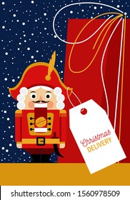 Christmas delivery label with nutcracker and gifts