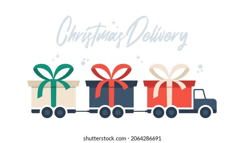 Christmas Delivery long truck with gift box. Free shipping vector illustration. Isolated delivery van with red bow. Gift box on truck.Flat vector illustration with copy space