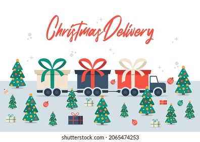 Christmas Delivery long truck with gift box. Free shipping vector illustration. Isolated delivery van with red bow. Gift box on truck.Flat vector illustration with copy space