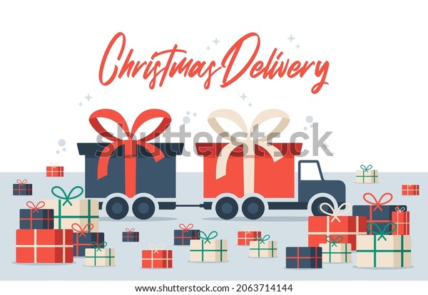 Christmas\
Delivery long truck with gift box. Free shipping vector\
illustration. Isolated delivery van with red bow. Gift box on\
truck.Flat vector illustration with copy\
space