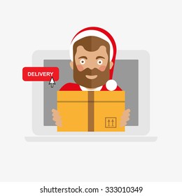 Christmas delivery/ Santa claus with gift post box. Internet on-line shopping.