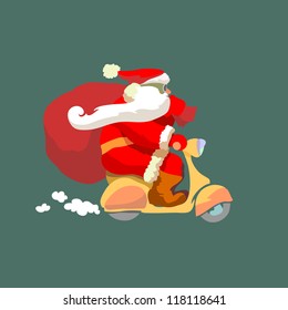 Christmas delivery. Santa Claus on a moped