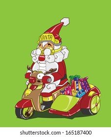 Christmas delivery. Santa Claus on a motorcycle