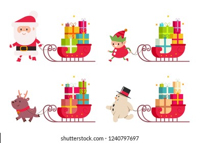 Christmas delivery with Santa Claus, reindeer, snowman, elf and sleigh with gift. Vector cartoon illustration set isolated on a white background.
