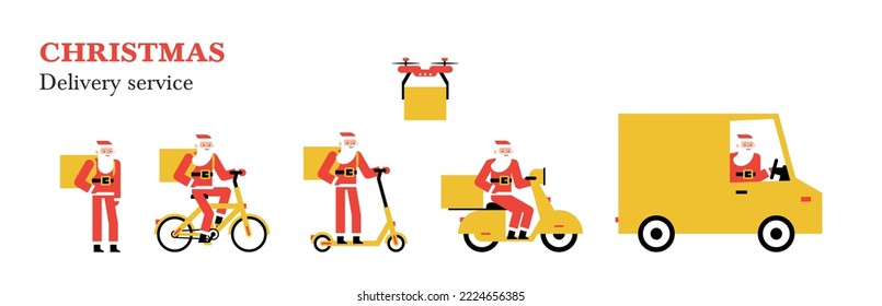 Christmas delivery service. Santa Deliver Gifts. Truck, drone, electric scooter, gyroboard, scooter and bicycle courier. Delivery service concept