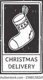 Christmas delivery stamp showing white christmas stocking with snowflakes decorations on black background, ideal for christmas delivery service