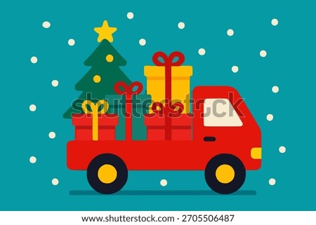 Christmas Delivery Truck Flat Vector Illustration