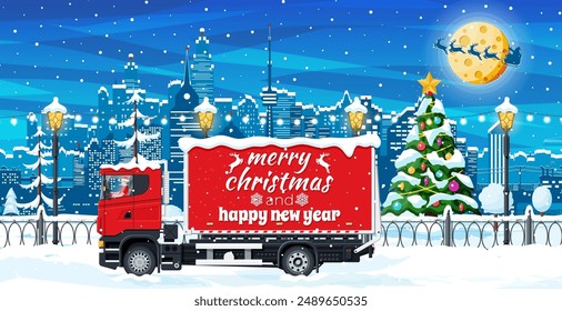 Christmas Delivery Truck in Town. Delivery Man in Santa Claus Hat. Happy New Year Decoration. Merry Christmas Holiday. City Covered Snow. New Year and Xmas Celebration. Flat Vector Illustration