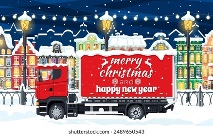 Christmas Delivery Truck in Town. Delivery Man in Santa Claus Hat. Happy New Year Decoration. Merry Christmas Holiday. City Covered Snow. New Year and Xmas Celebration. Flat Vector Illustration