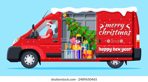 Christmas Delivery Van Isolated. Gift Box and Tree Inside. Delivery Man in Santa Claus Hat. Happy New Year Decoration. Merry Christmas Holiday. New Year and Xmas Celebration. Flat Vector Illustration