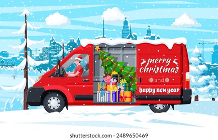 Christmas Delivery Van Truck in Town. Delivery Man in Santa Claus Hat. Happy New Year Decoration. Merry Christmas Holiday. City Covered Snow. New Year and Xmas Celebration. Flat Vector Illustration