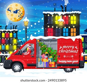 Christmas Delivery Van Truck in Town. Delivery Man in Santa Claus Hat. Happy New Year Decoration. Merry Christmas Holiday. City Covered Snow. New Year and Xmas Celebration. Flat Vector Illustration