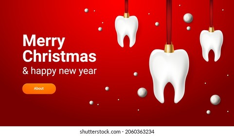 Christmas Dentist banner with 3d teeth on ribbon. Merry Christmas dental poster. Happy new year. Vector