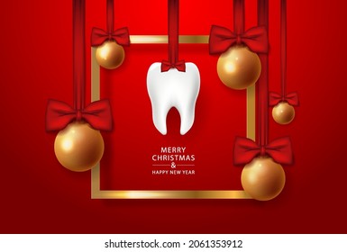 Christmas Dentist banner with 3d teeth on ribbon in golden frame. Merry Christmas dental poster. Happy new year. Vector