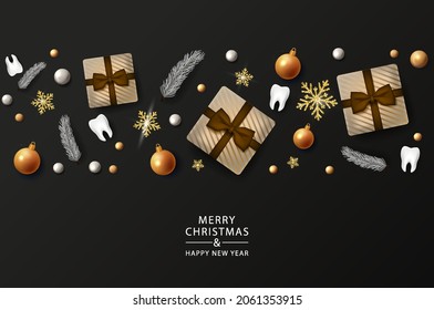 Christmas Dentist banner with 3d teeth on ribbon on black background. Merry Christmas dental poster. Happy new year. Vector