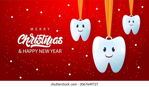 Christmas dentist banner with cartoon teeth on a ribbon. Tooth with smile. Merry Christmas dental poster. Vector