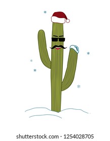 Christmas in desert climate concept. Cactus as hipster christmas tree with santa hat