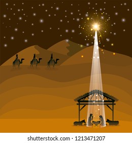 christmas desert scene with holy family in stable