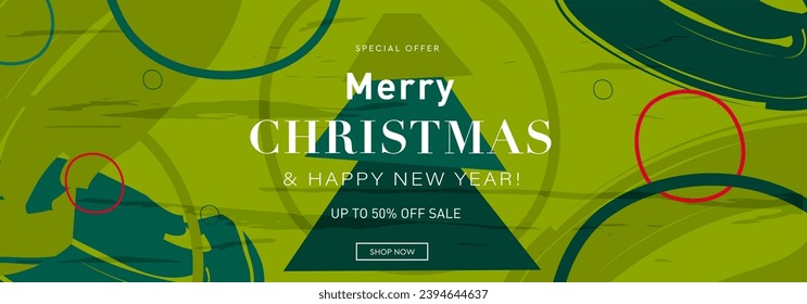 Christmas Design of 2024 Year. Modern Geometric Ring, Tree in the Green Colors. Background Abstract Xmas Pattern for Social Media, Card, Poster, Banner, Cover. Special Offer 50%.