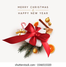 Christmas design background. Backdrop with realistic festive gifts box. Xmas present. white boxes with red ribbon gift surprise, Golden Christmas baubles, balls, chocolate, candy, pine fir branches
