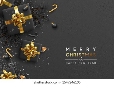 Christmas design background. Backdrop with realistic festive black gifts box. Xmas present. Dark Christmas baubles, balls, pine fir branches, black snowflake and glitter confetti, golden candy canes