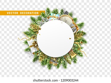 Christmas design background. Bundle of pine branches into white paper round sphere and the holiday Xmas decoration, object, gift boxes, antique clocks, golden bell. 