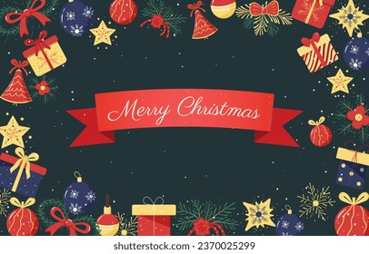 Weihnachtsdesign, Hintergrund, Poster. Frohe Weihnachtsrahmen mit Weihnachtselementen. dunkler Hintergrund