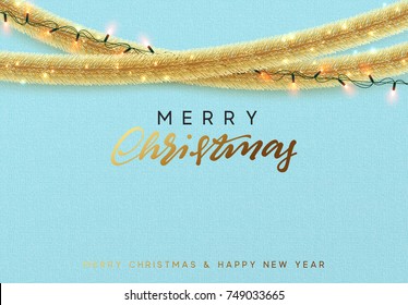 Christmas design. Background traditional Christmas decorations, gold tinsel, bright light garlands. Xmas holiday, vector greeting card