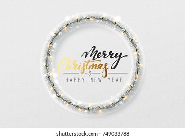 Christmas design. Background traditional Christmas decorations, silver tinsel, bright light garlands. Xmas holiday white wreath, vector greeting card