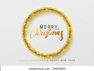 Christmas design. Background traditional Christmas decorations, gold tinsel, bright light garlands. Xmas holiday golden wreath, vector greeting card
