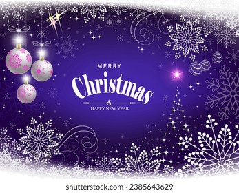 Weihnachtsdesign in Blau mit weißen Kugeln, Schneeflocken und abstraktem Weihnachtsbaum.