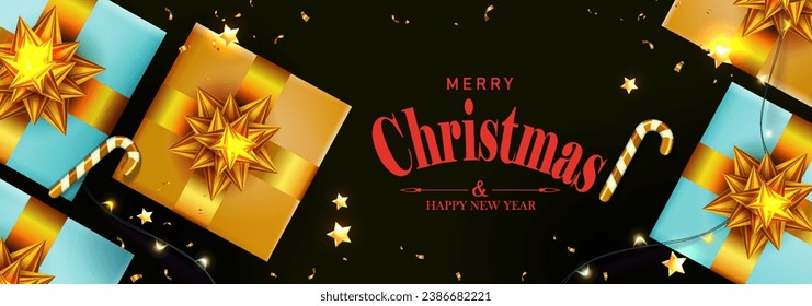 Christmas design with boxes and golden bows on a black background.