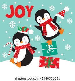 Christmas Design For Card, Bag with Cute Penguin in happiness