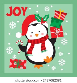 Christmas Design For Card, Bag with Penguin and Gifts