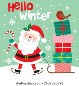 Christmas Design For Card, Bag with Santa Claus, Gifts and Candy cane